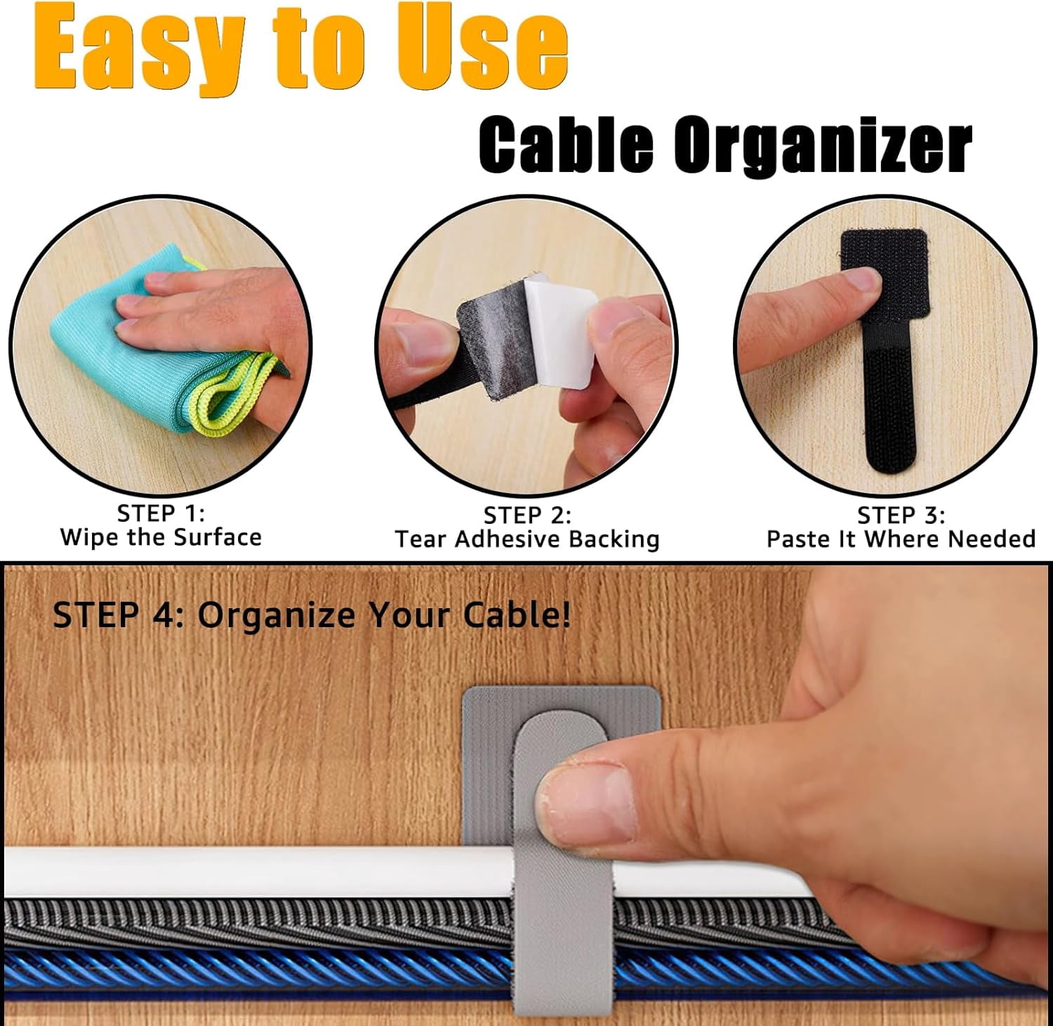 80PCS Hook and Loop Cable Straps, Cable Management Under Desk, Self Adhesive Cable Ties, Reusable Wire Organizers for Cords, Adjustable Cord Organizers for Desk, Home Office Essentials, Black