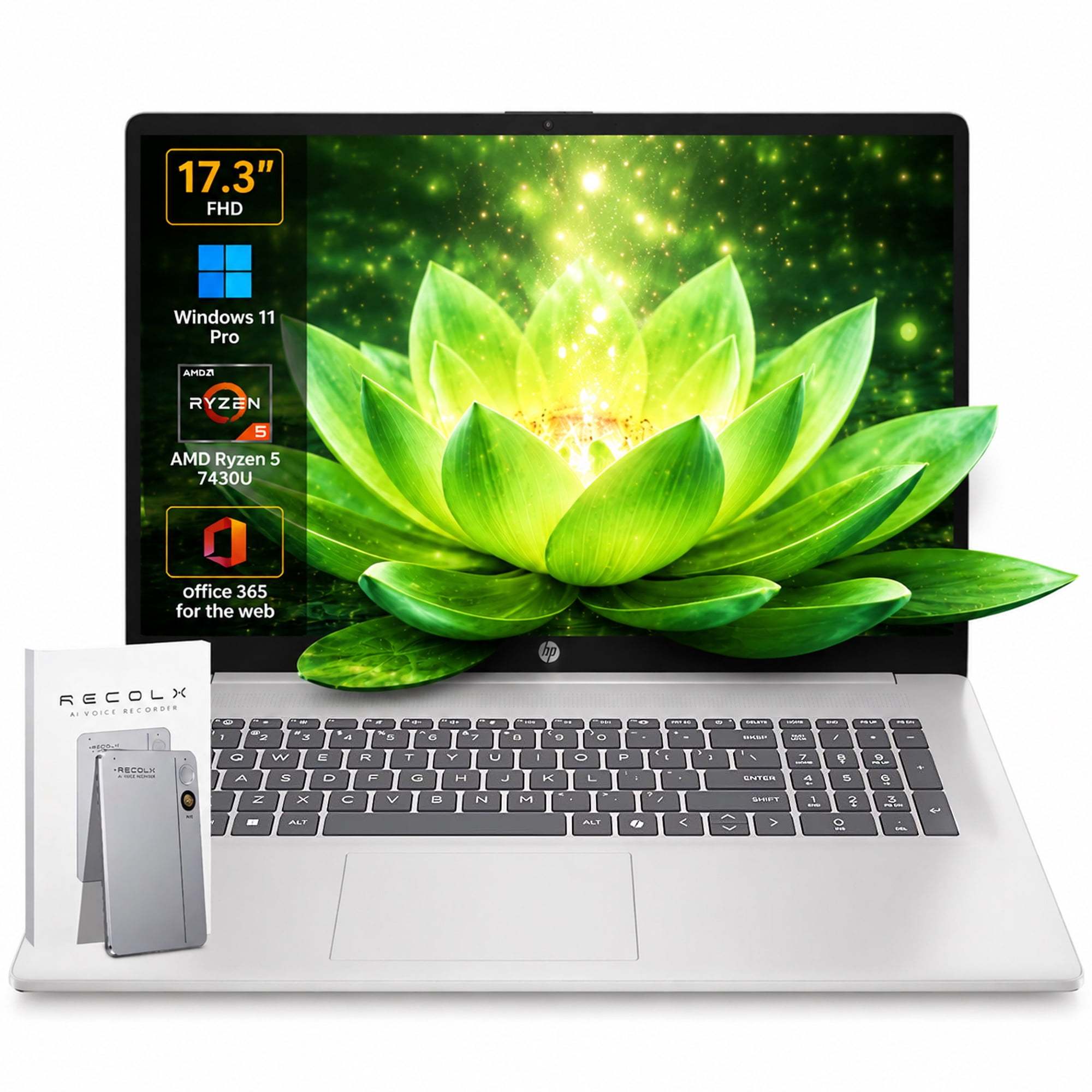 HP 17.3" FHD IPS Laptop, AMD Ryzen 5 7430U, 20GB RAM, 512GB SSD, Office 365 for the Web, Windows 11 Pro, w/AI Voice Recorder