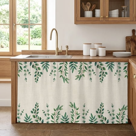 Cabinet Curtains 32 W x 55 L Green Leaf Sink Skirt for Bathroom Kitchen Self Adhesive Sage Eucalyptus Farmhouse Country Plant Desk Privacy Short Curtain for Closet Shelves Laundry Room