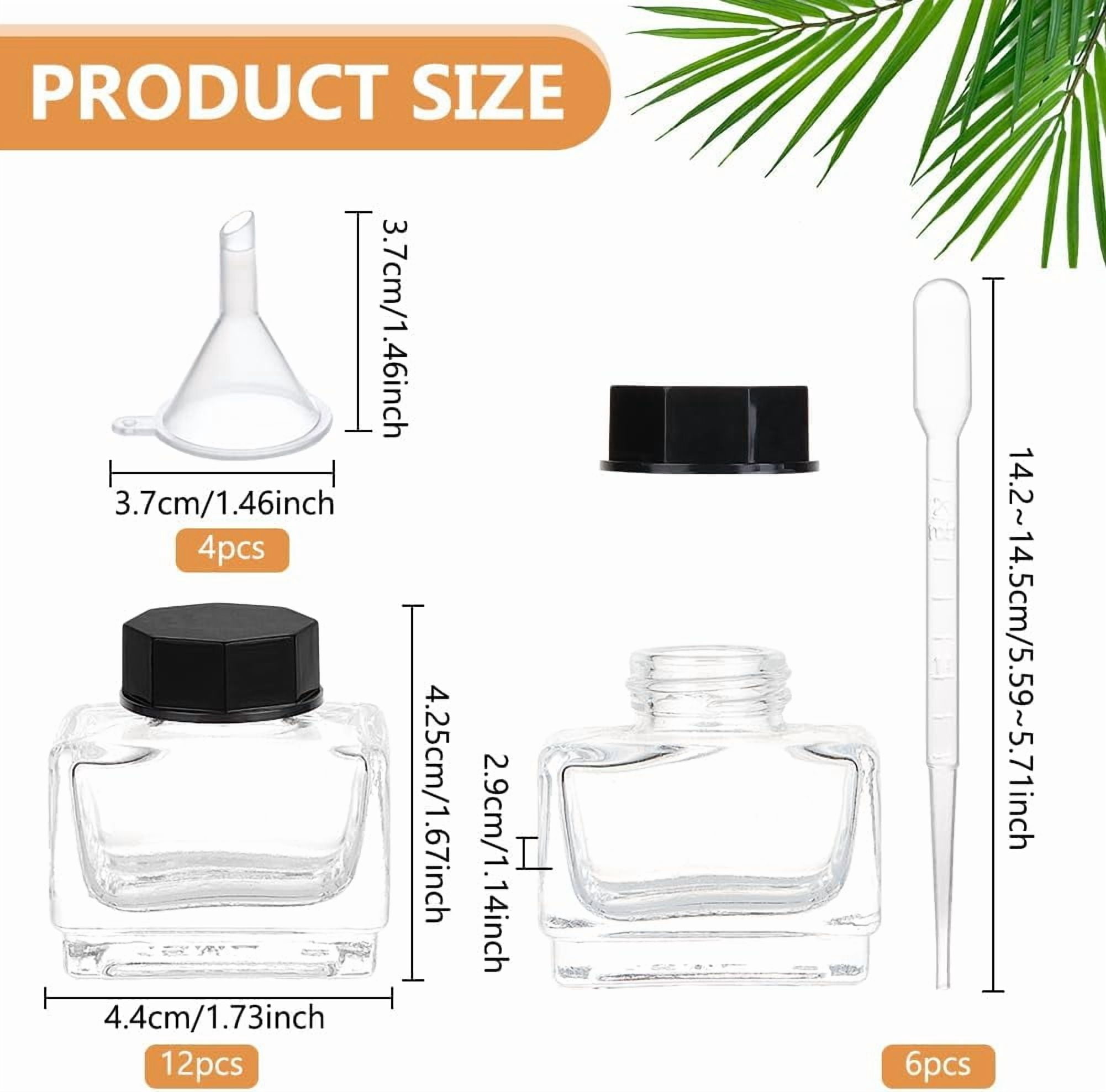 1set 12pcs Glass Fountain Pen Ink Bottle with Plastic Bottle Cap and 4pcs Funnel Hopper & 6pcs Dropper Clear 66x29x29mm Capacity: 18ml(0.61fl. oz)