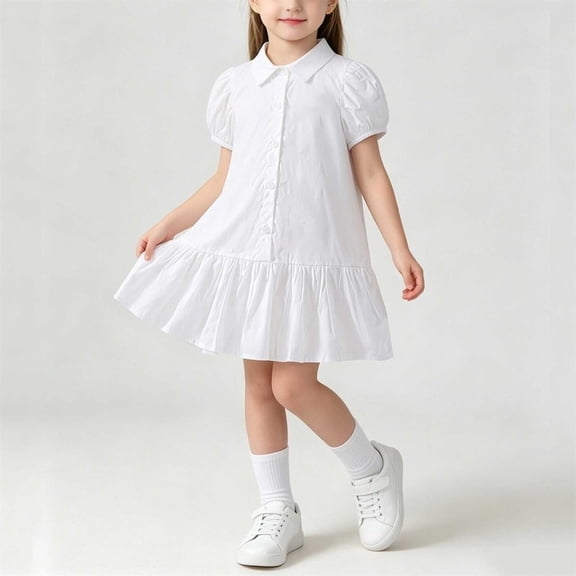 LEKWK Girls White Mini Dress Puff Short Sleeve Button Down Ruffle Hem A-Line Swing Dress Toddler Preppy Plain Shirt Dress Summer School Holiday Wear 1-10Y