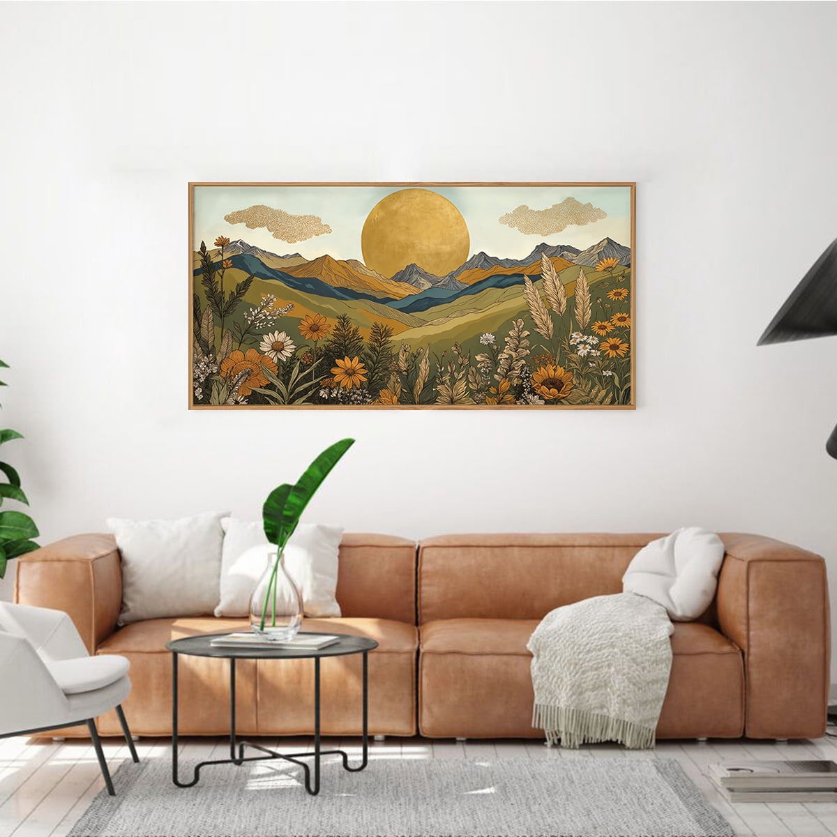 TOARTi Boho Mountain Wall Art Nature Landscape Wall Decor Framed Sun and Flowers Canvas Print for Living Room Bedroom Office 20X40 In
