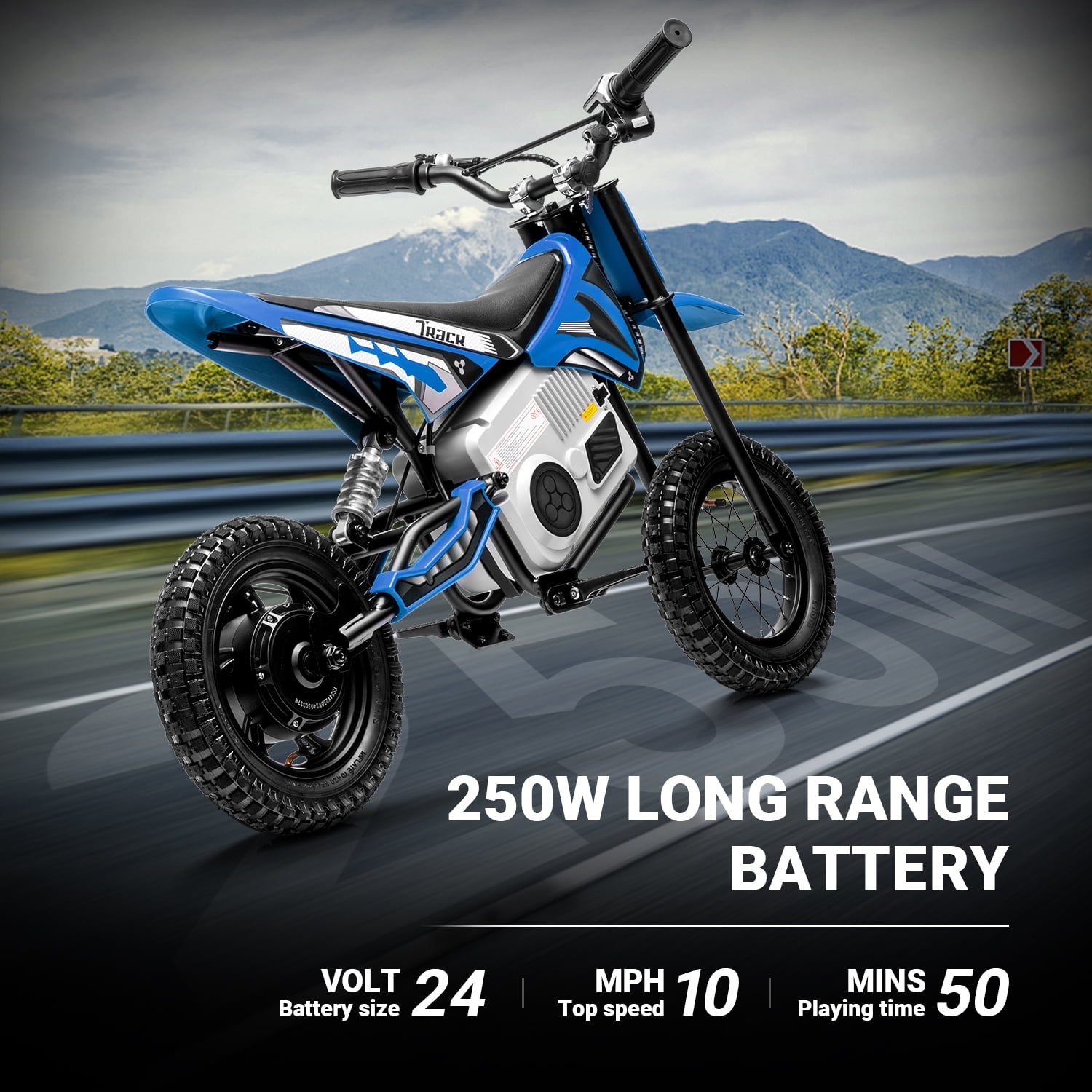 Track Seven 24V Electric Dirt Bike, 250W Ride on Motorcycle with Twist Grip Throttle, Hand-Operated Dual Brakes, Speed Up to 10 MPH, for Age 8-12, Blue