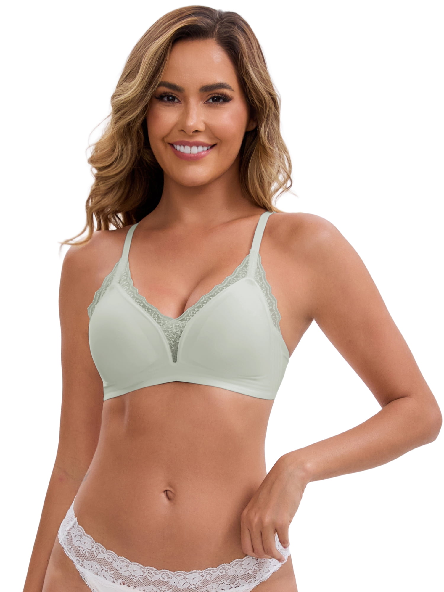 DARING DIVA Lace Trim Plunge Wireless Push Up Bra L Light green
