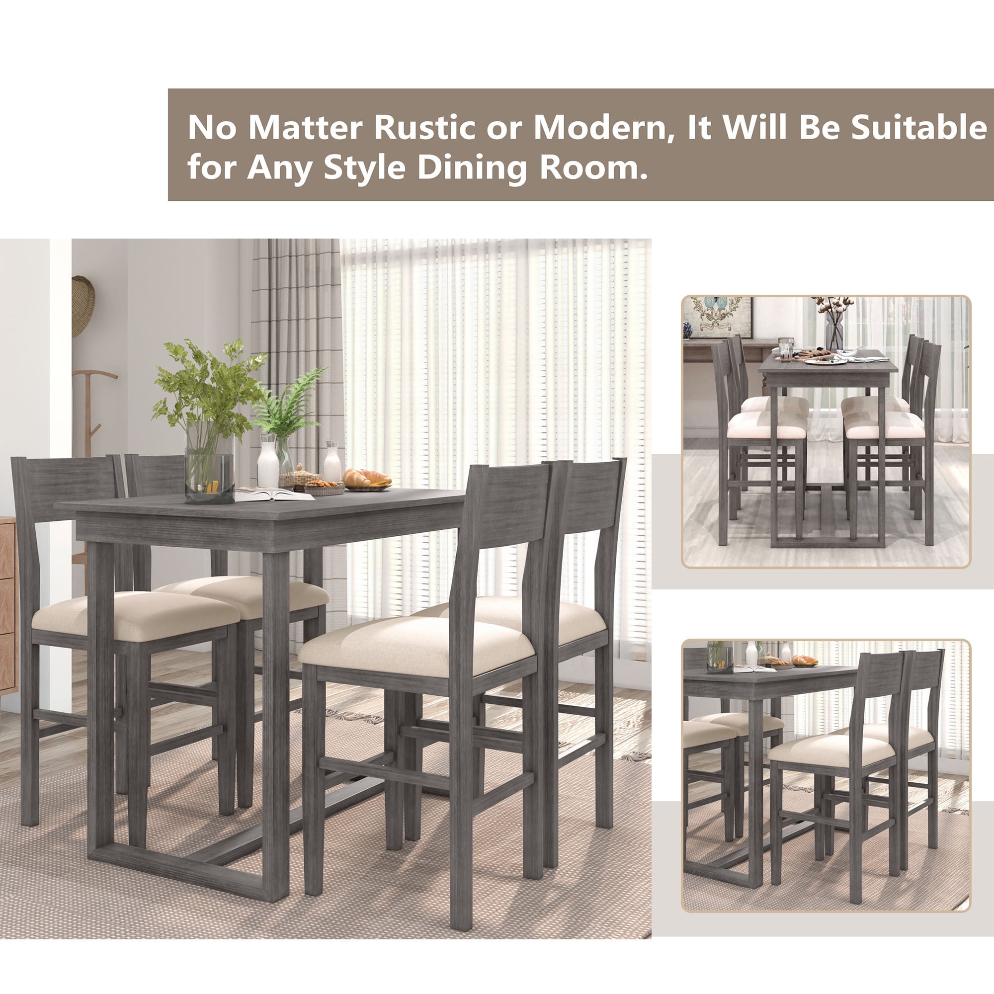 EUROCO 5-Piece Solid Wood Counter Height Dining Table Set for 4,47.2" Dining Room Set with One Rectangular Table and 4 Fabric Chairs,Rectangle Dining Table Set for 4