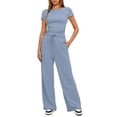 thumbnail image 4 of Two Piece Sets for Women Summer Casual Outfit Sets Solid Color Button Down Round Neck Short Sleeve Tops and Drawstring Wide Leg Pants with Pocket Sets Relaxed Vacation Wear, 4 of 8