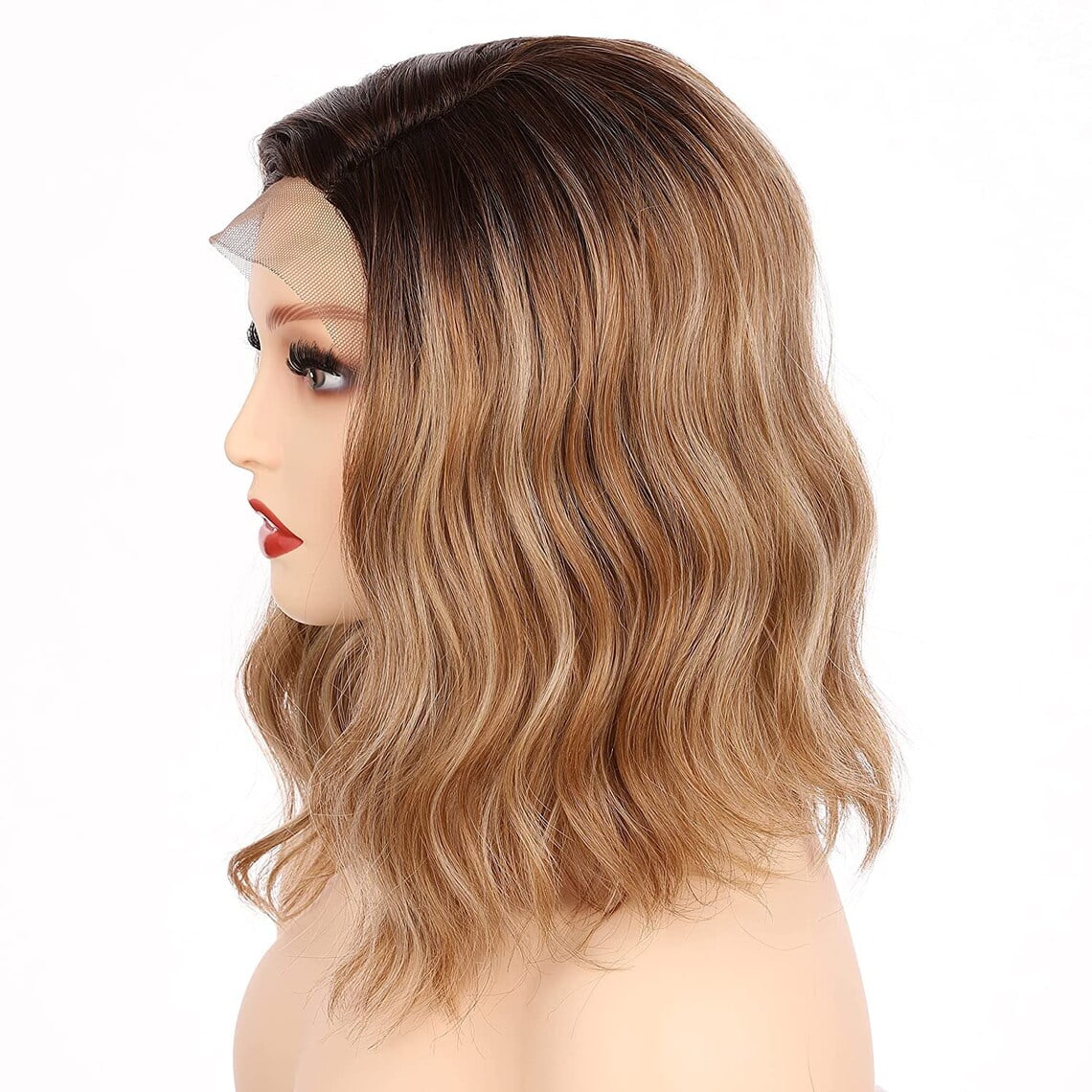 Onedor Shoulder Length Side Part Lace Front Short Wavy Hair Bob Wigs for Women(Dark Blonde Evenly Blended & Platinum Blonde with Dark Roots)