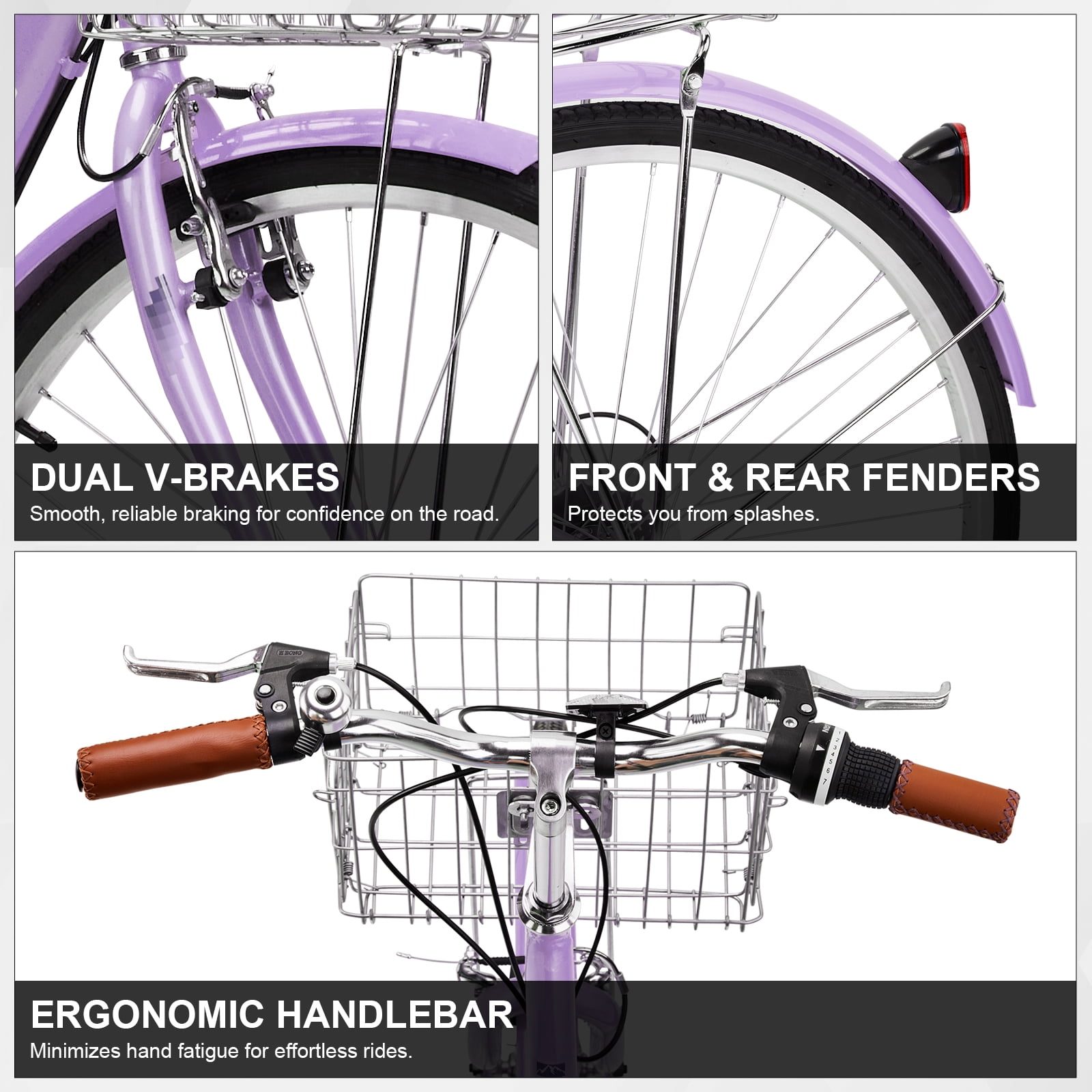 Ktaxon 26in Folding Beach Cruiser Bike for Women, 7-Speed City Commuter Bike with Lock, Basket & Rack, Purple