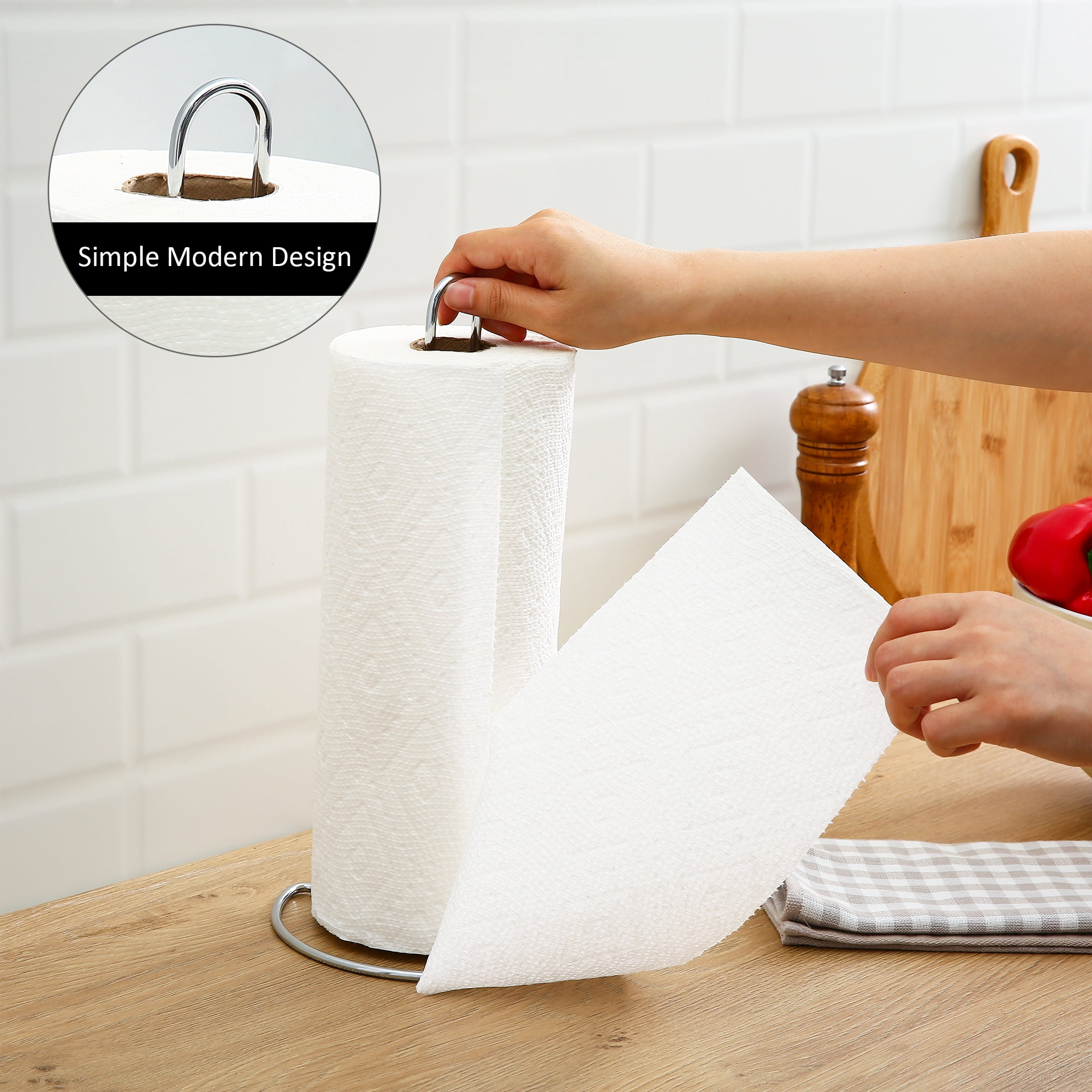 Mainstays Countertop Paper Towel Holder Stand, Silver Metal Kitchen Paper Towel Roll Holder and Dispenser for Kitchen Counter Storage