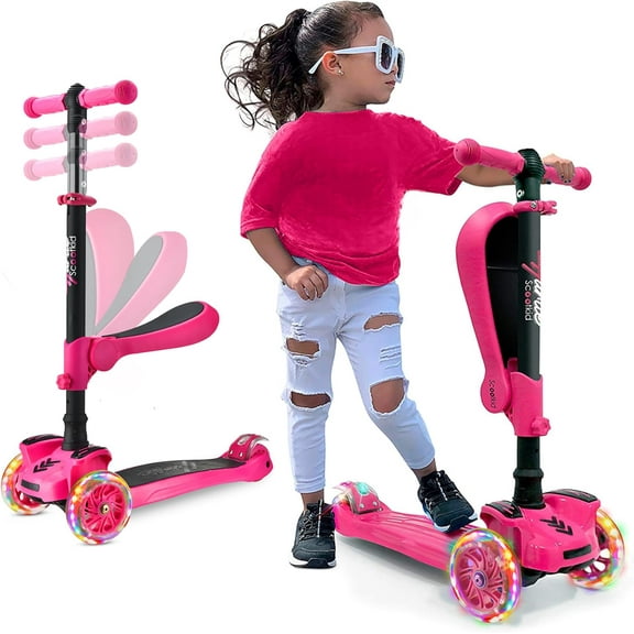 Hurtle 3-Wheeled Scooter for Kids - Wheel LED Lights, Adjustable Lean-to-Steer Handlebar, and Foldable Seat - Sit or Stand Ride with Brake for Boys and Girls Ages 1-14 Years Old (HURFS66) Pink