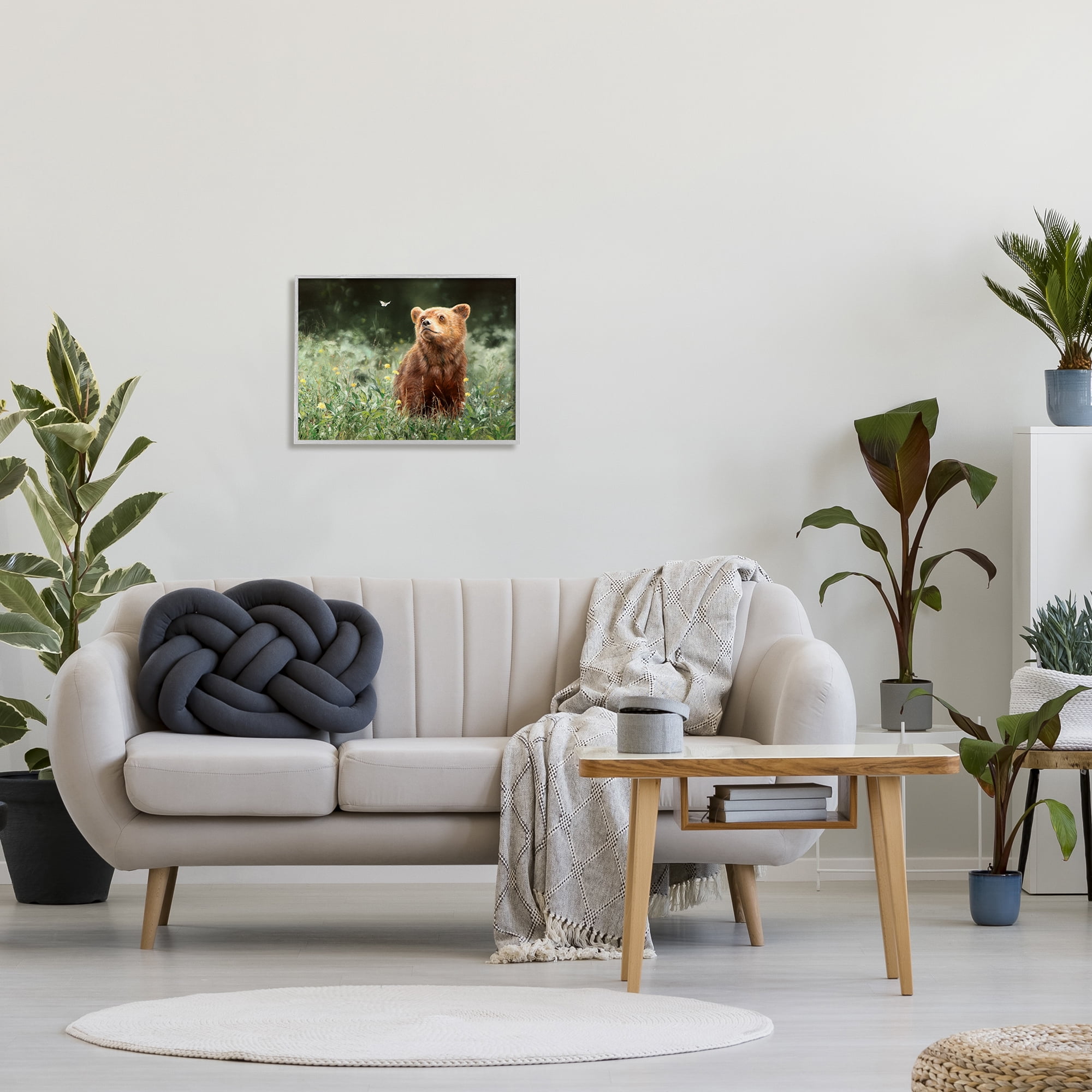 Stupell Industries Bear & Butterfly in Meadow Animals & Insects Photography Gray Framed Art Print Wall Art, 20 x 16