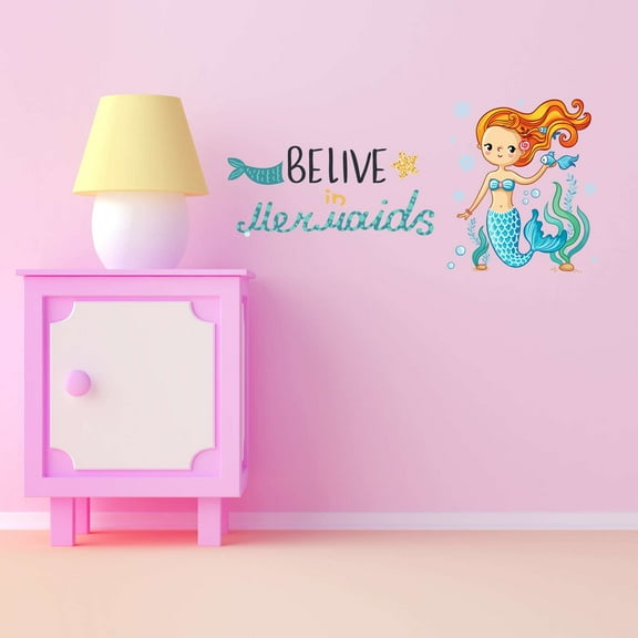 Believe In Mermaid's Mermaid Teal Colorful Fish Salt Water Creatures Seahorse Queen Sweet Dreams Bedtime Unicorn Lovely Dear Dream Holiday Gift Decorating Wall Decal Sticker - Size: 40 In X 20 In