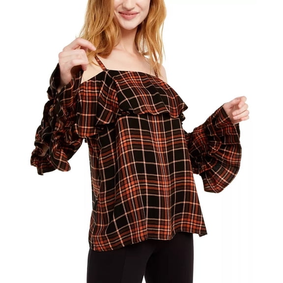 INC International Concepts Women's Ruffled Cold-Shoulder Plaid Top Black Size Large