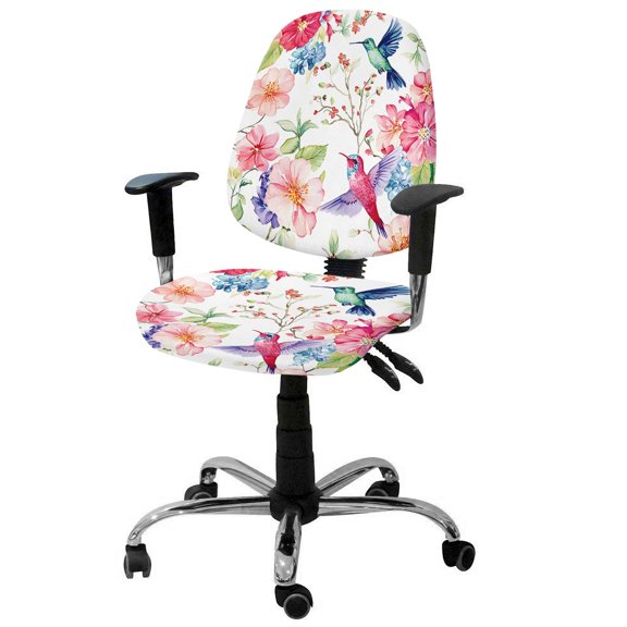 Watercolor Colorful Office Chair Covers Stretchable Hummingbird Flowers Pastoral Plant Split Computer Desk Chair Cover Universal Spandex Chair Seat Covers Rotating Boss Arm Chair Slipcovers