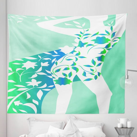Floral Tapestry, Fashion Woman Girl Body with Flower Petal Leaves Modern Design Model Image, Fabric Wall Hanging Decor for Bedroom Living Room Dorm, 5 Sizes, Turquoise Teal White, by Ambesonne