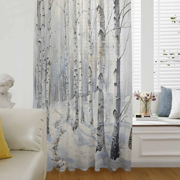 Christmas Tree Semi Sheer Curtains Drapes for Living Room, Bedroom, French Doors Window 96 Inches Long, White Winter Xmas Snowflake Rod Pocket Chiffon Curtain Drapery Voile Draperies Panel