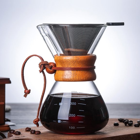 400ml Pour Over Coffee Maker, Glass Pour Over Coffee Maker with Double Layer Stainless Steel Filter V Spout Wooden Sleeve Coffee Brewer for Home Cafe Party