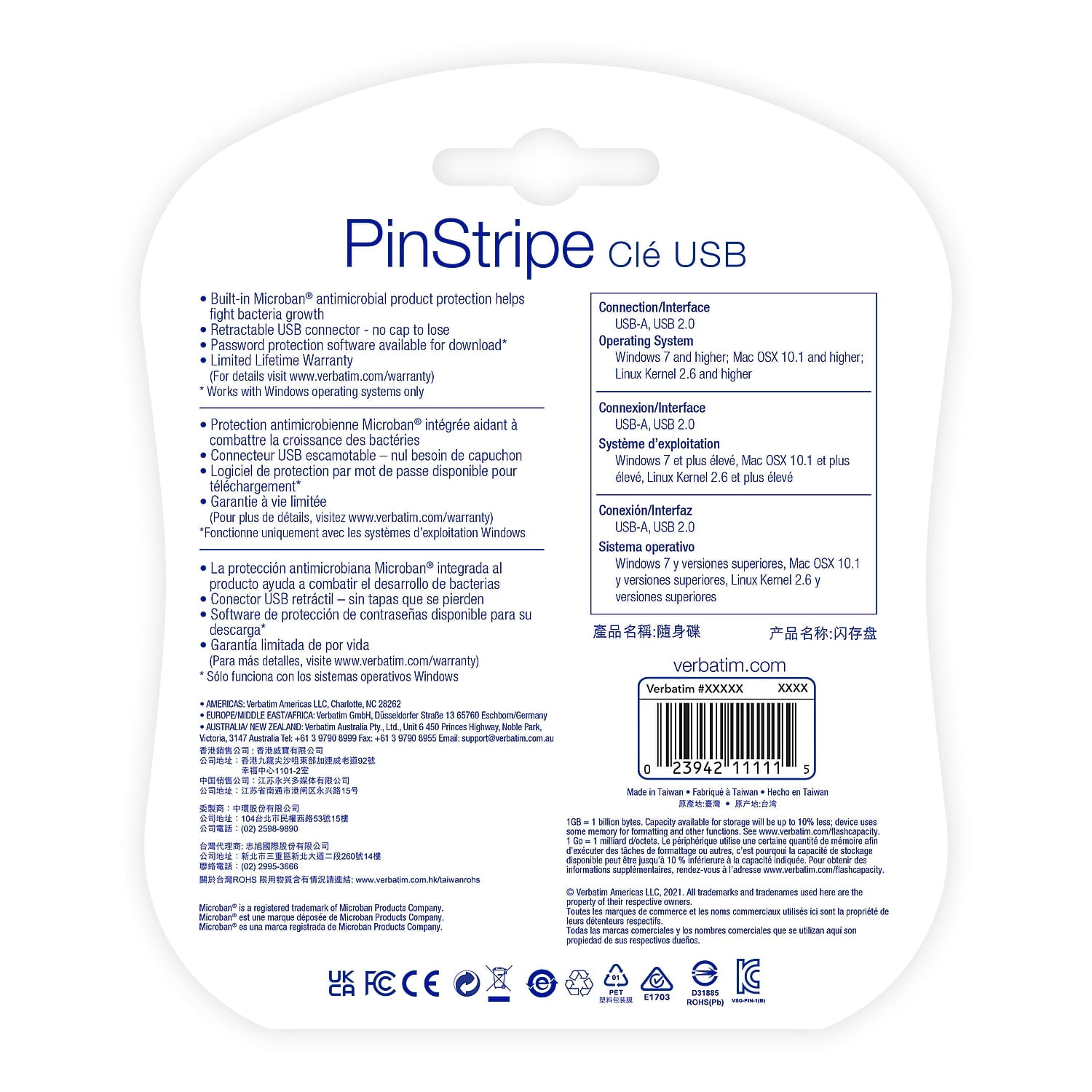 Verbatim PinStripe 128GB USB 2.0 Type-A Flash Drive Red and Blue 2/Pack (70391)