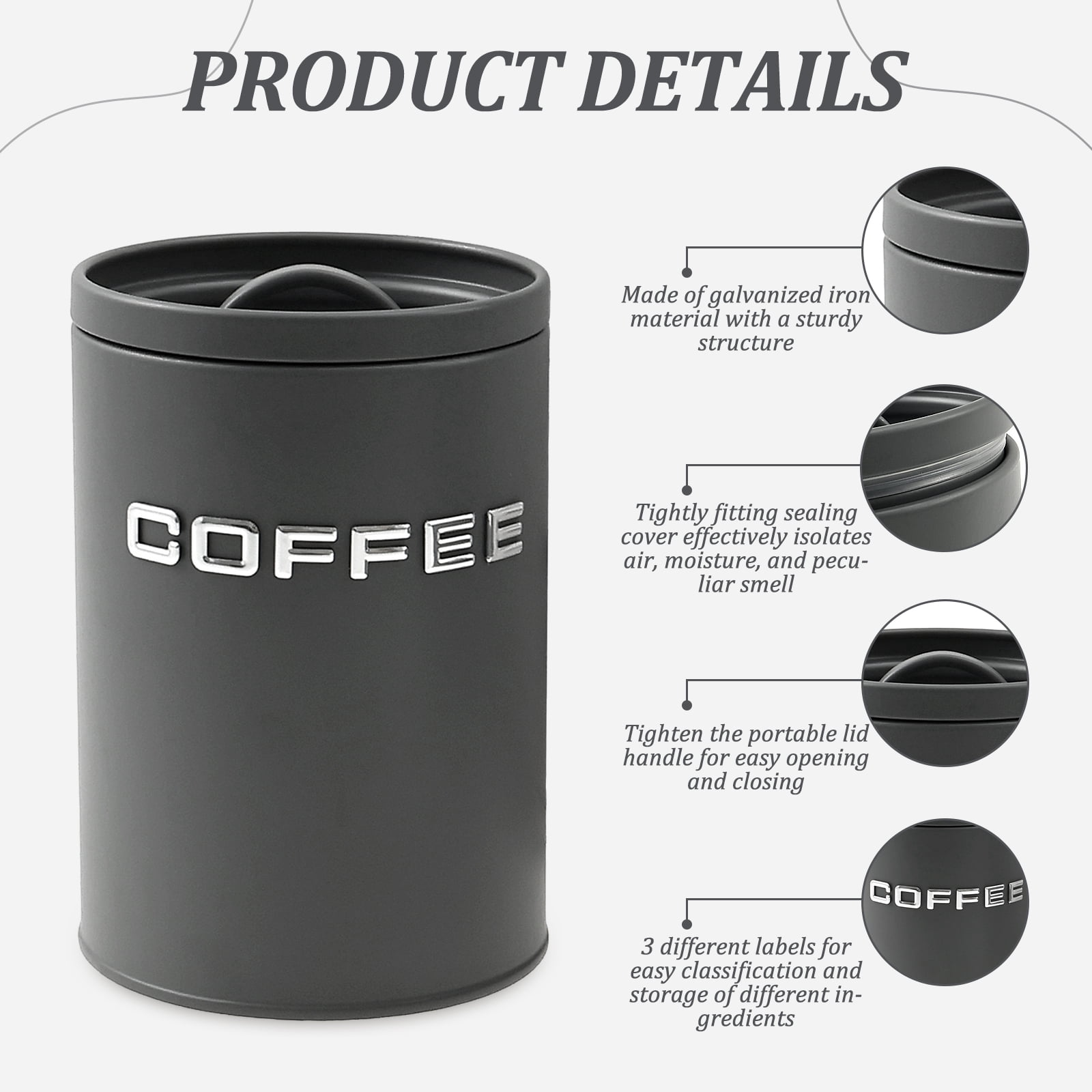 3 Pack Kitchen Canisters with Lids Airtight Metal Canister Set, Food Storage Containers Jars for Coffee, Sugar, Tea, Flour, Rustic Kitchen Decor Containers