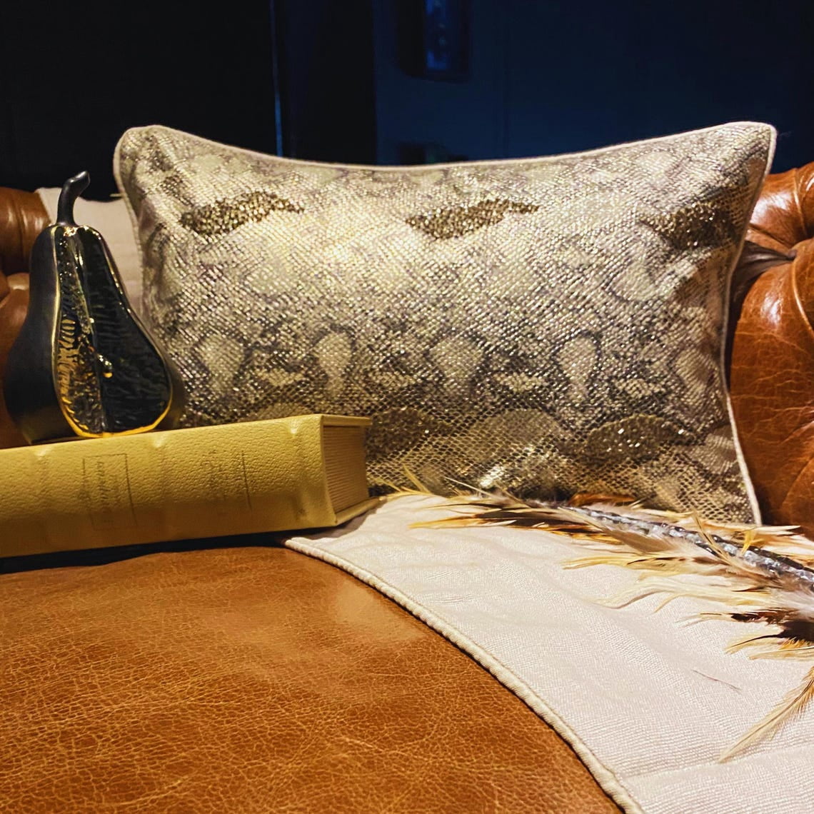 Decorative Gold 12"x24" (30x60 cm) Oblong Chair Pillow Case, Faux Leather Beaded Pattern Bed Pillow Cover, Animal Pattern Modern Style - Animal Bling