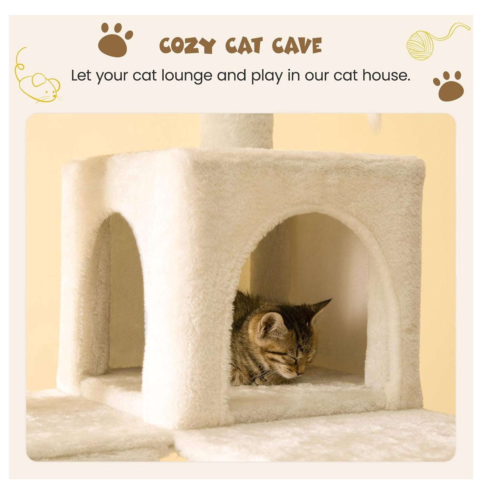 Cat Tree 63.8 inches, Multi-Level Tower for Large Cats, Sisal Scratching Posts, Hammock & Condo, Stable Pet Play House - Beige