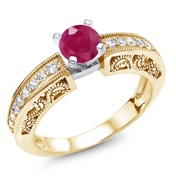 Gem Stone King 1.59 Ct Round Red Ruby 18K Two-Tone Plated Sterling Silver Ring (Size 8)