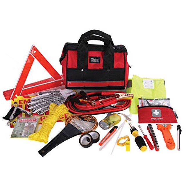 Thrive Car Emergency Tool Kit with Jumper Cables + First Aid Kit 104 Piece Auto Safety