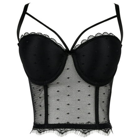 

Women Sexy Spaghetti Strap Bustier Bra Sheer Polka Dot Mesh Eyelash Lace Trim Camisole Vest Club Party Boned Corset Tops
