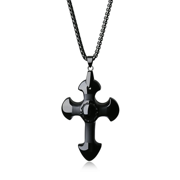 COAI Unisex Religious Cross Black Obsidian Stone Pendant Necklace
