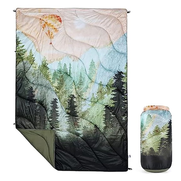 Outdoor Puffy Camping Blanket,Lightweight Down Alternative Puffy Printed Blanket, 55"x79" — Water-Resistant, Warm & Fluffy Outdoor Blanket with Carry Bag for Park, Hiking, Camping, Office & Car