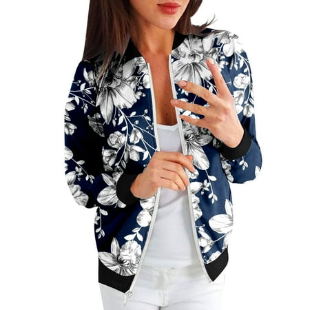 

Hwmodou Womens Casual Jackets Long Sleeve Loose Coat O Neck Zipper Classic Zipper Floral Print Casual Daily Outwear Pockets Jackets For Women