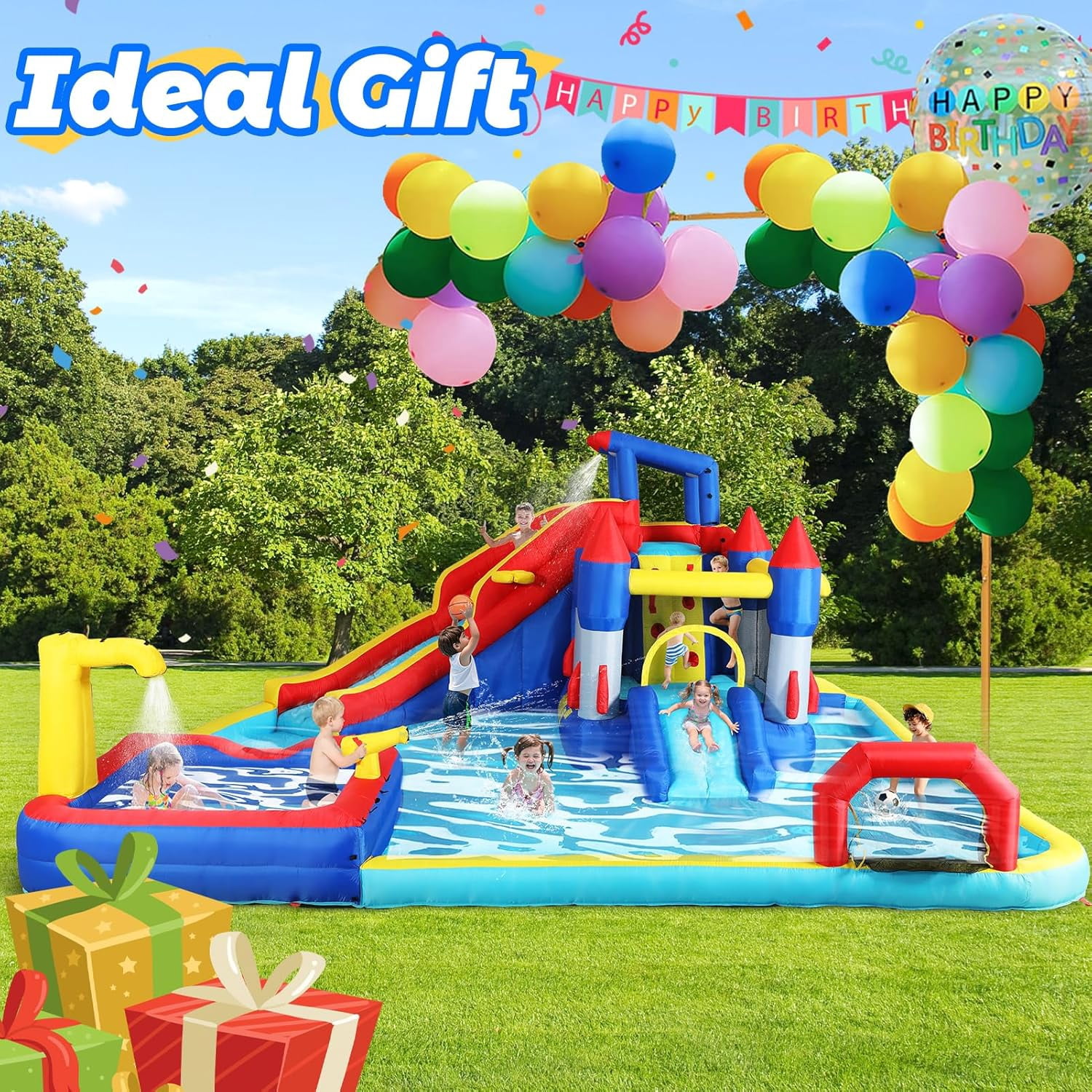 ZOGYMOZ Double Slides Water Park, Inflatable Water Slide Bounce House with Blower, Pool & Basketball & Football Games for Kids Backyard, 227*205*97 inch
