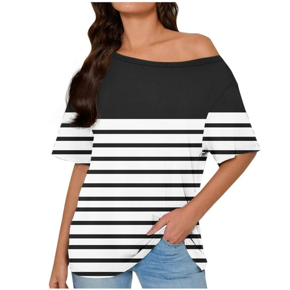 DeHolifer T-Shirts for Women Skew Collar Strip Printed Off The Shoulder Short Sleeve Tee Tops Summer Trendy T-Shirts Black 2XL