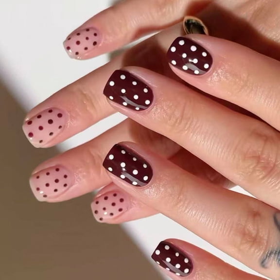 24Pieces French Tips Dark Brown Dot French Manicure Safe ABS Nails Art Accessories