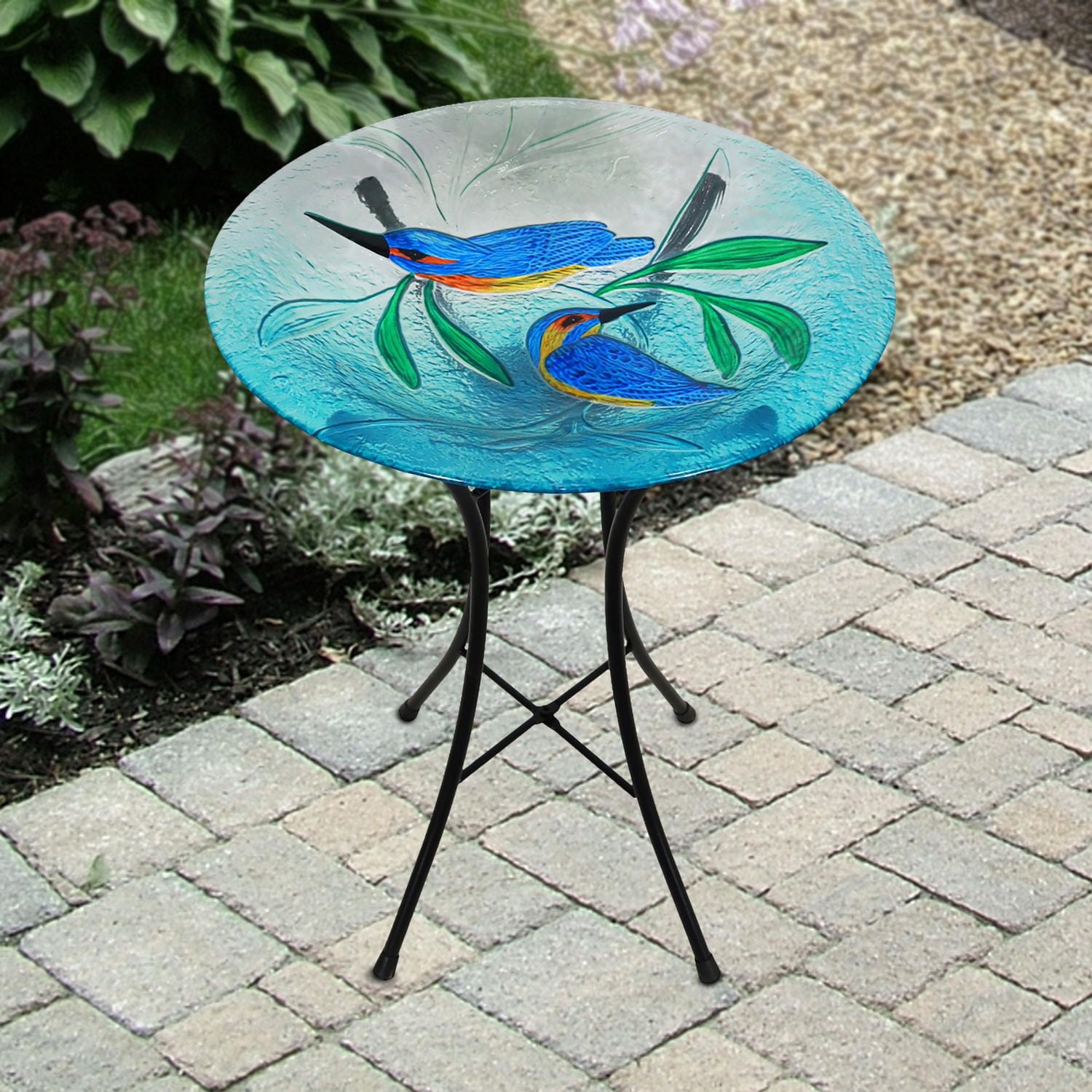 Angelo Décor 18.3-inch tall Hummingbird Harmony Glass Birdbath with Metal Stand and Solar Light