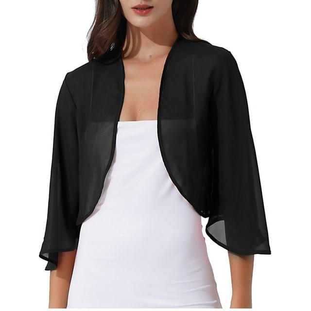 Kaerm Boléro Châle en Mousseline Douce Transparente à Manches 3/4 pour Femme, Veste Cardigan Ouverte à l'Avant pour Robe de Soirée de Mariage, Noir, TTG