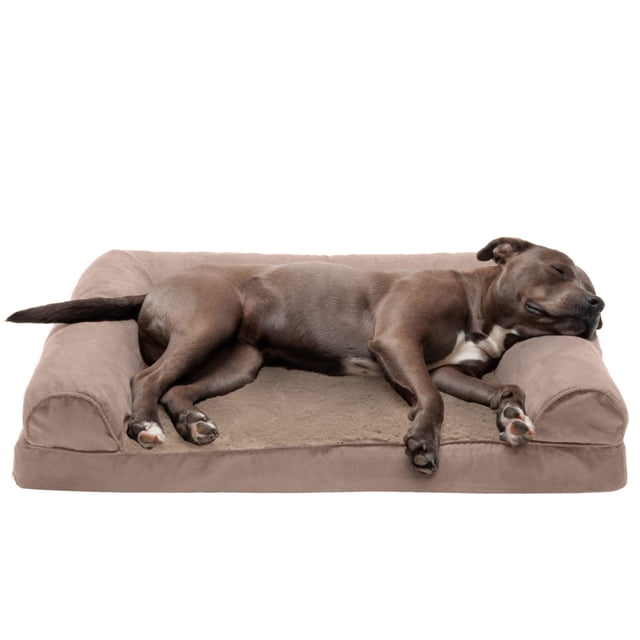 Furhaven Cama ortopédica para perros grandes/medianos con refuerzos extraíbles y funda lavable, para perros de hasta 55 libras - Sofá de felpa y gamuza - Almendra, grande