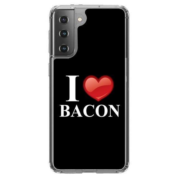 DistinctInk Clear Shockproof Hybrid Case for Galaxy S21 5G (6.2" Screen) - TPU Bumper, Acrylic Back, Tempered Glass Screen Protector - Black White Red I Heart Bacon - Love of Bacon