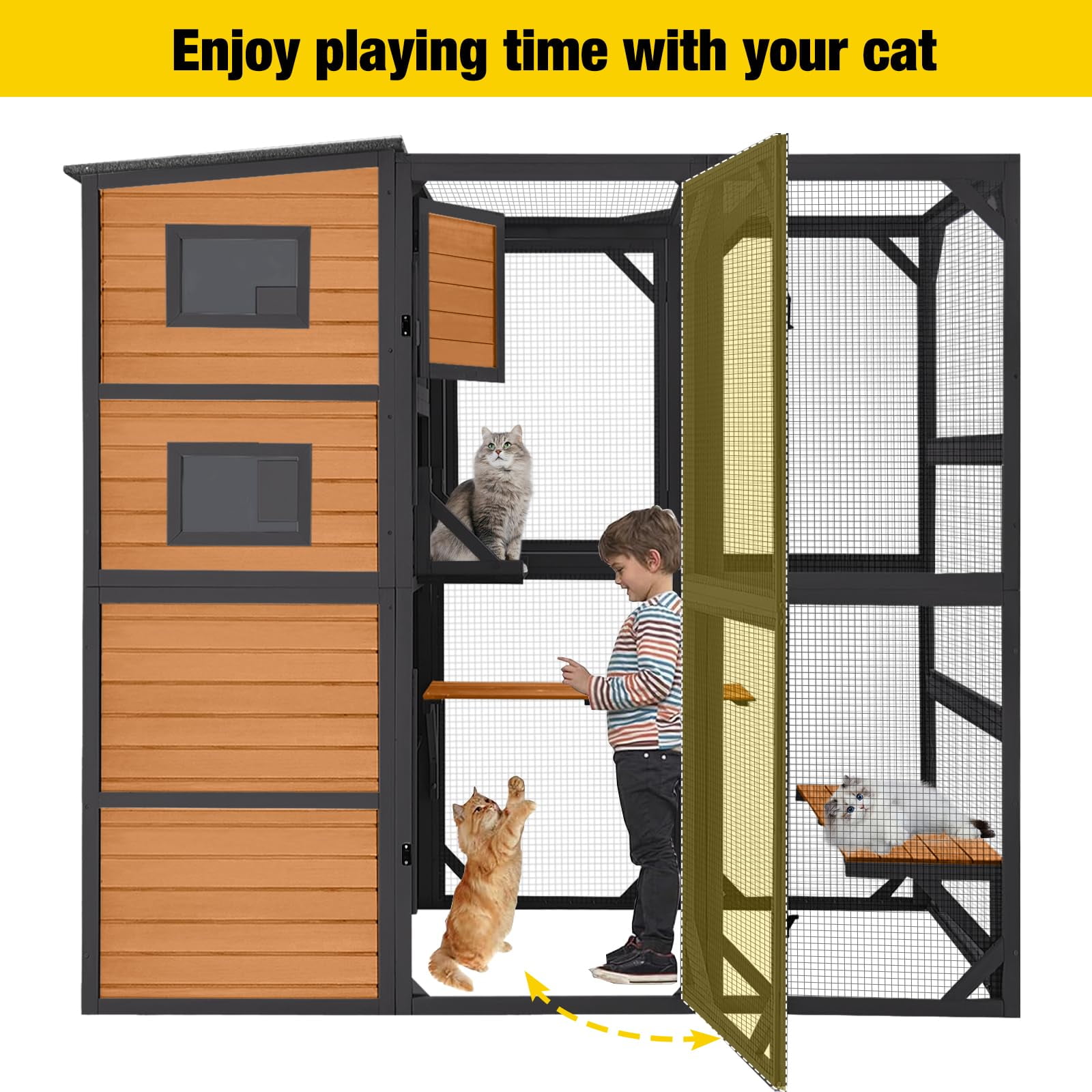 Aivituvin Large Cat Catio 4 Tiers Cat Enclosures House for Outdoor Indoor Cats with Weatherproof Roof, 3 Resting Rooms, 3 Platforms, 5 Windows 70" H 77" L