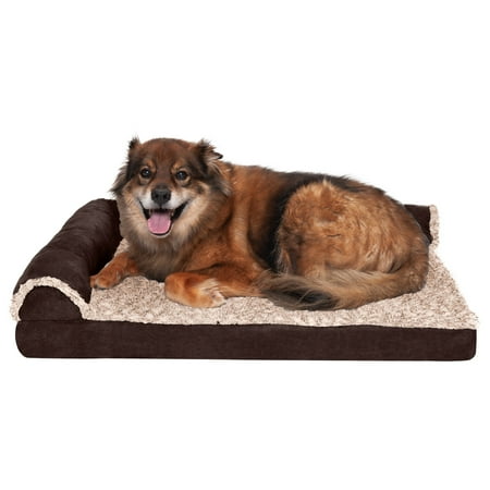 UPC: 0842229107340 | FurHaven Pet Products Two-Tone Faux Fur & Suede Deluxe L-Chaise Memory Top Sofa-Style Pet Bed for Dogs & Cats – Espresso Large