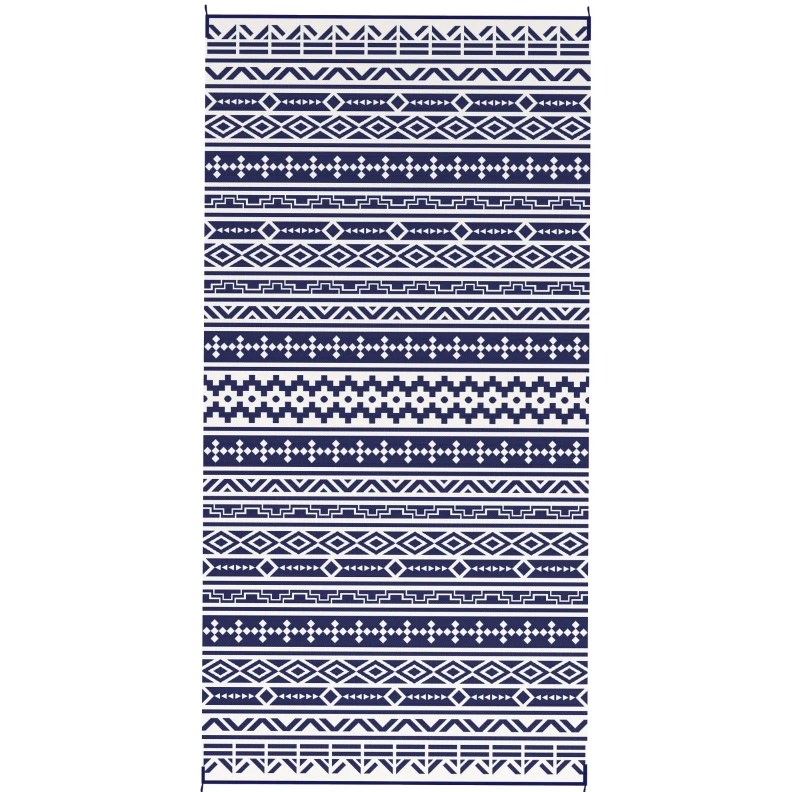 9' x 18' Blue and White Geometric Wall Reversible Outdoor Patio Rug, Waterproof Plastic Straw RV Camping Rug with Carry Bag, Foldable Fade Resistant Mat