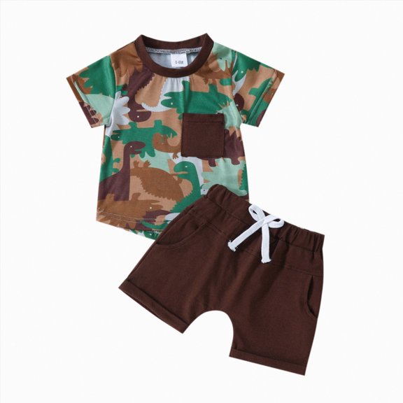 Kogui Cute Boy Baby Clothes Toddler Baby Boy Summer Clothes Short Sleeve Cartoon Print Shirt Top Shorts 2Pcs Casual Outfit 12 18 Months (Brown,12-18 Months)