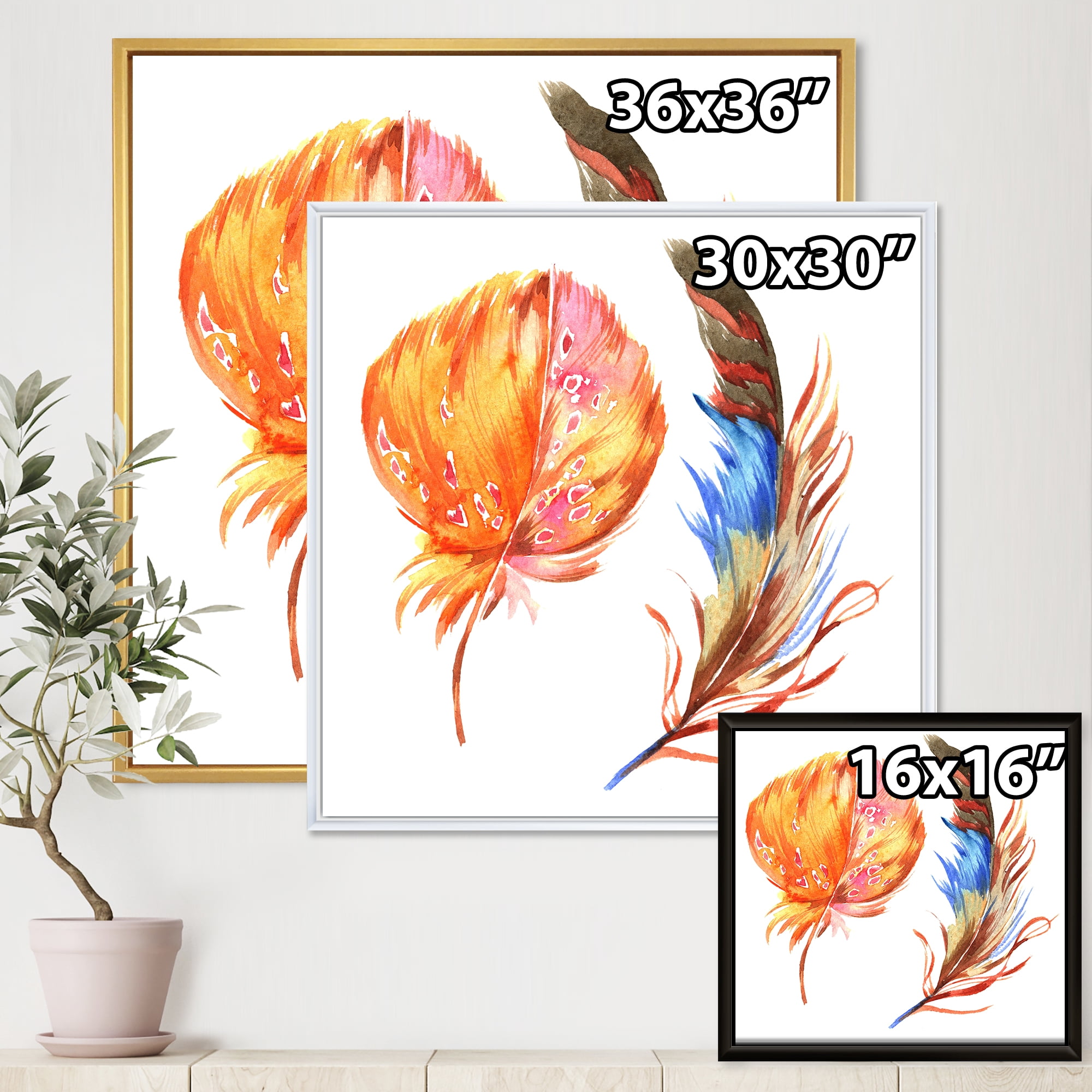 Designart 'Ethnic Brown and Colorful Feather ' Bohemian & Eclectic Framed Canvas Wall Art Print