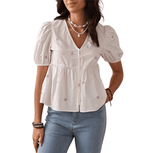 French Women's Tops Summer Chic Puff Sleeve V Neck Shirts Women's Casual T-Shirts Streetwear Tops White XL