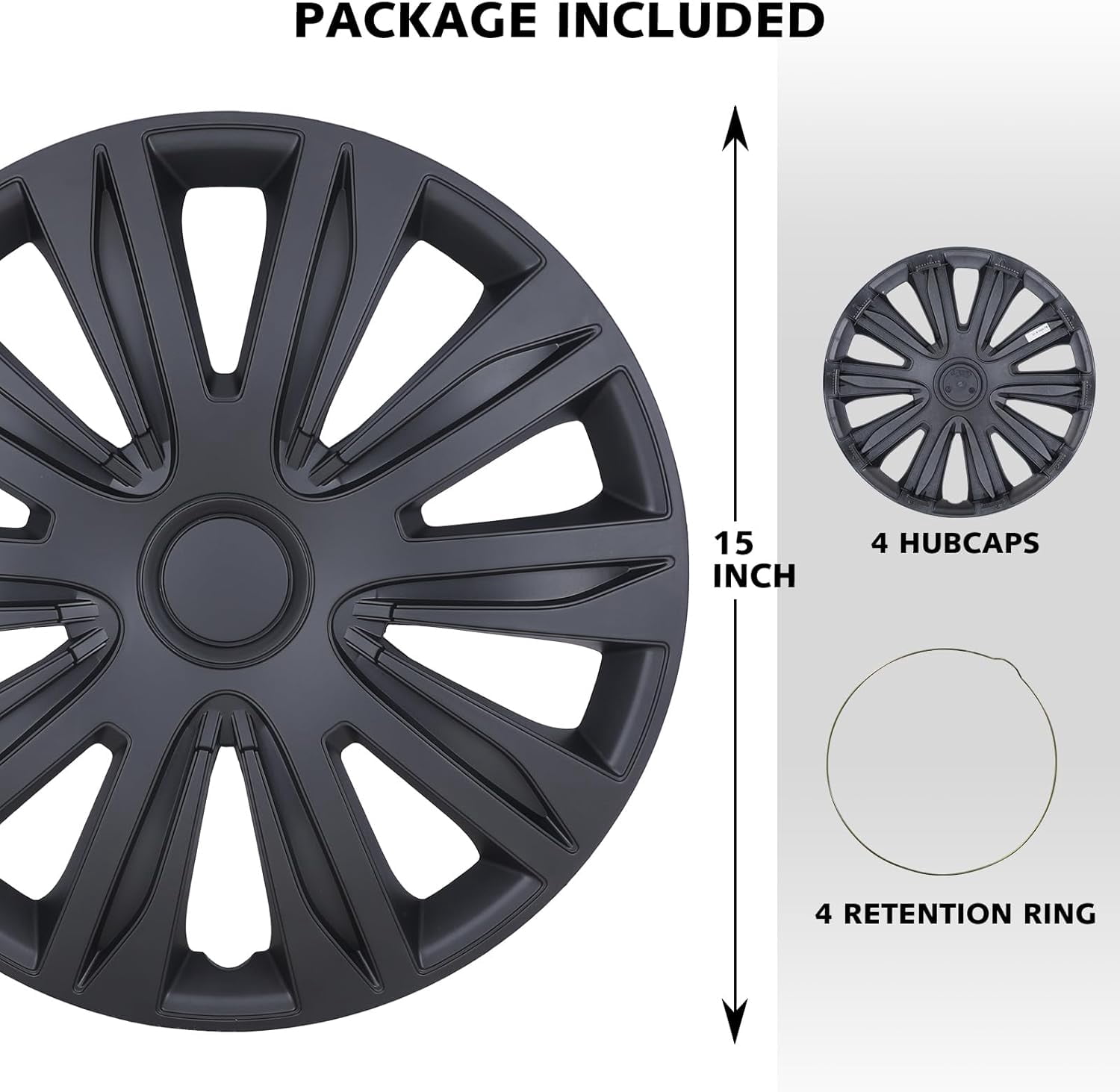 Set of 4,15" Universal Hubcap Wheels Cover Replacement for Car Truck SUV ABS&PC Hub Caps Accessories,Black Matte