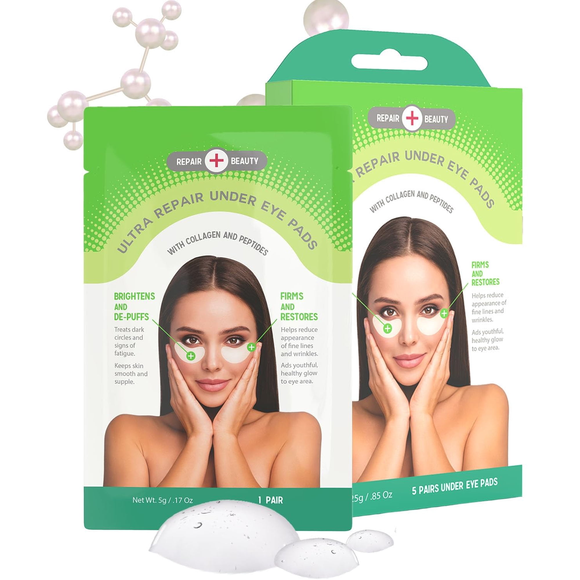Repair Beauty Collagen and Peptides Under Eye Patches - Reduces Wrinkles, Eye Bags & Dark Circles, De-puffing & Firming Under Eye Pads - Cruelty Free Korean Skin Care For All Skin Types - 5 Pairs