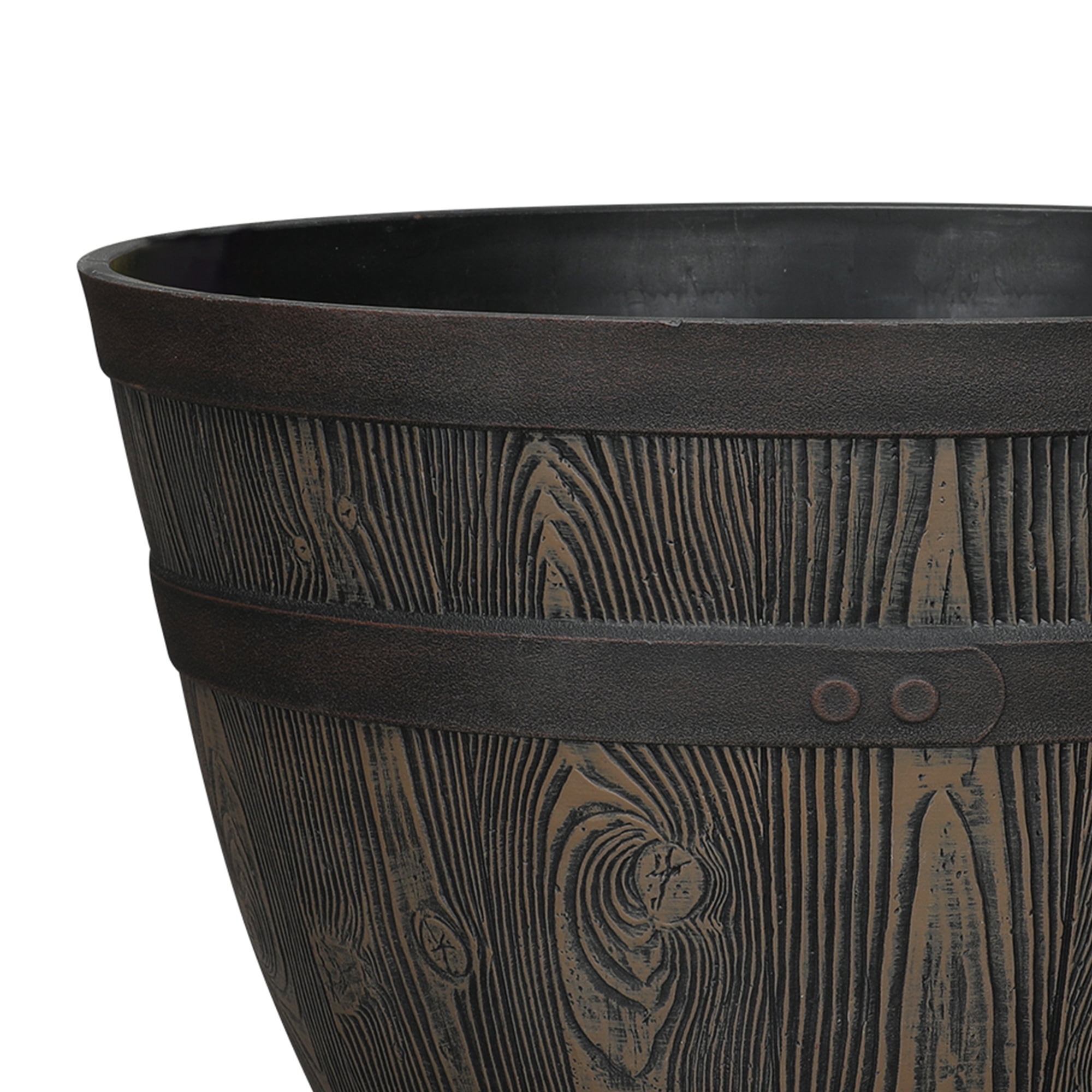 Better Homes & Gardens Whiskey Barrel Round Recycled Resin Planter, Brown, 19.9 in x 19.9 in x 13 in