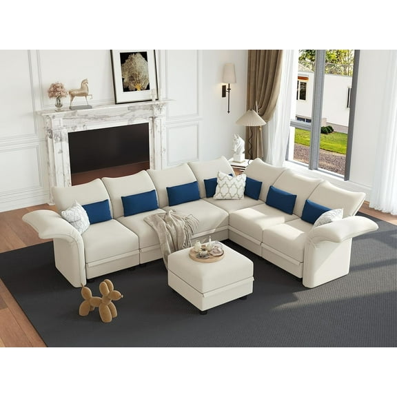 LLappuil 128" Modular Sectional Sofa, 7 Seat Modular Sectional Sofa with 1 Storage Ottoman, 25.6“ Seat Deep Sofa White