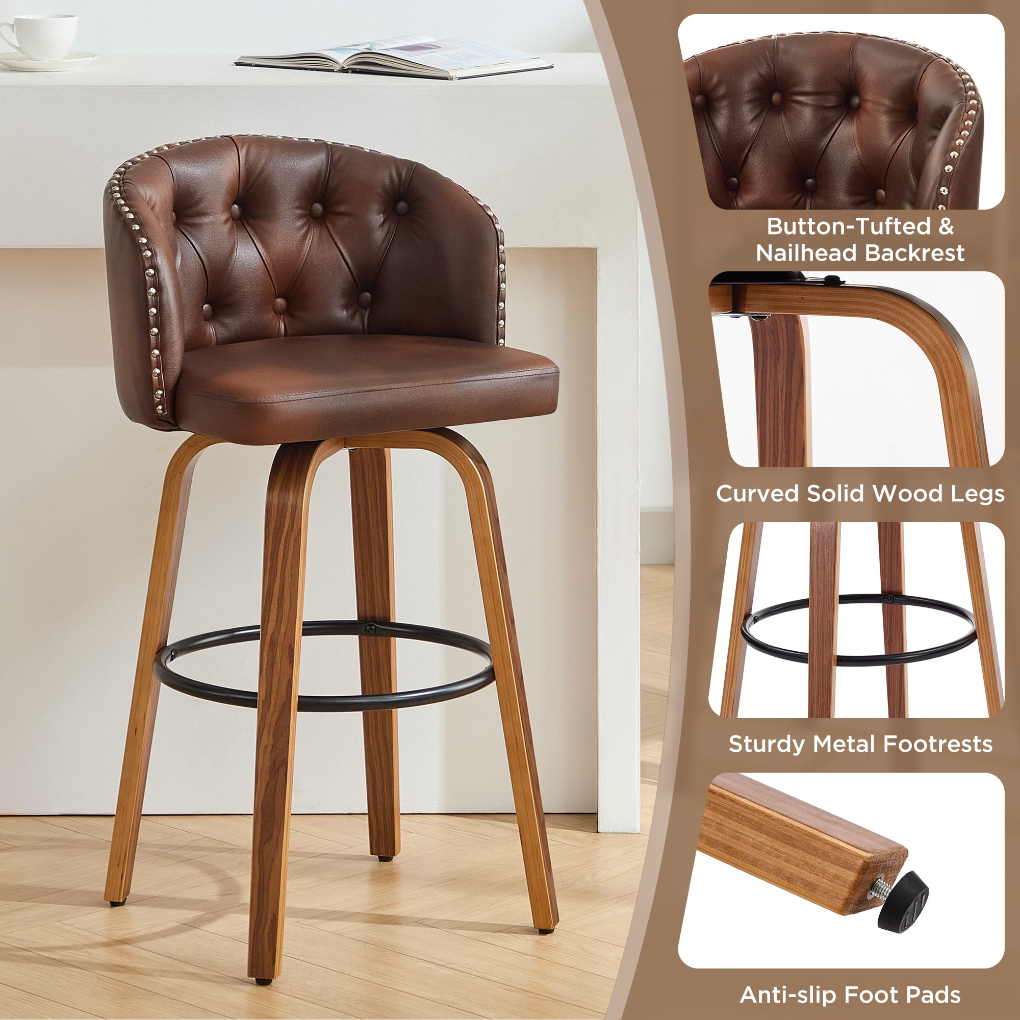 Fahomiss 28" Swivel Bar Stools with Back Set of 4, Leather Farmhouse Bar Height Stools, Brown