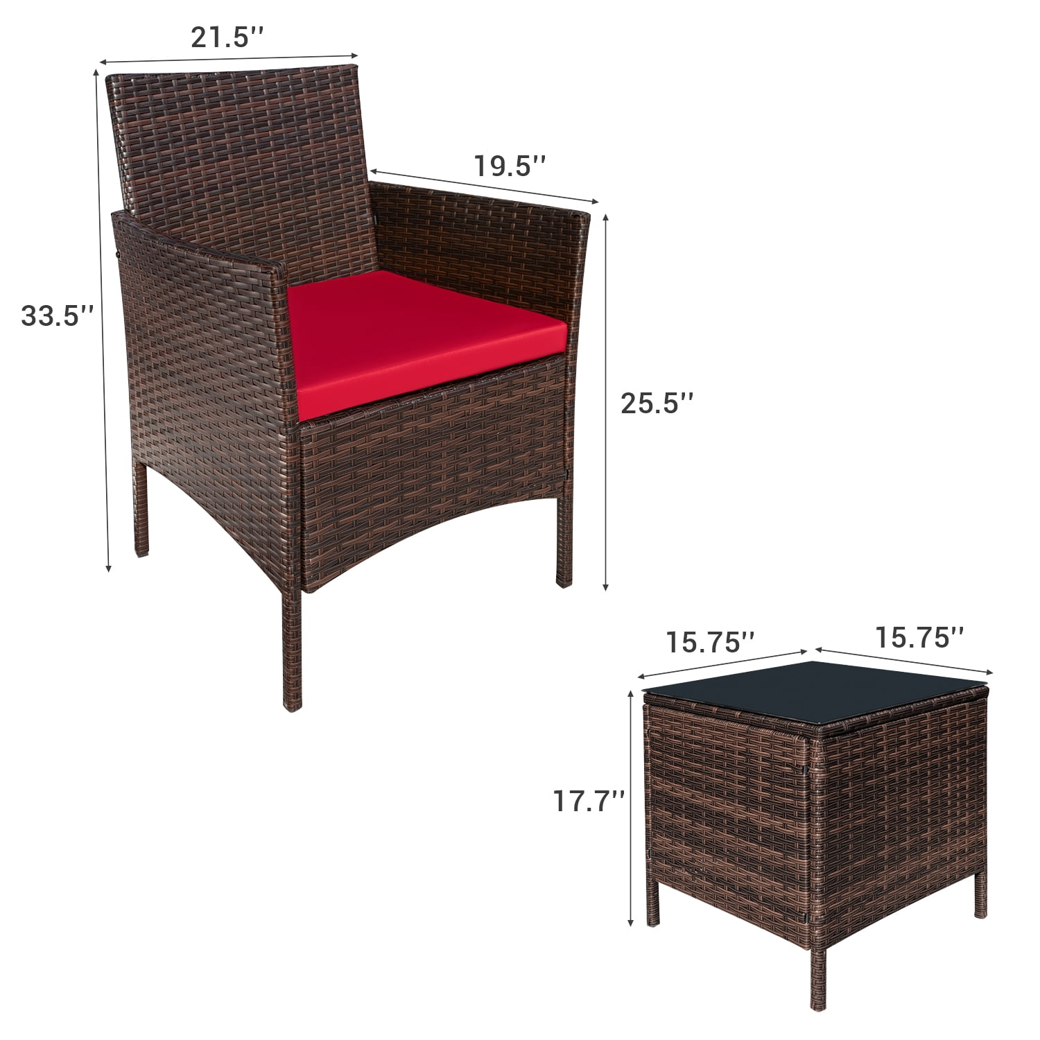 Homall 3 Pieces Patio Furniture Set Outdoor PE Rattan Wicker Patio Conversation Set Bistro Set with Tempered Glass and Cushioned Chairs, Brown/Red